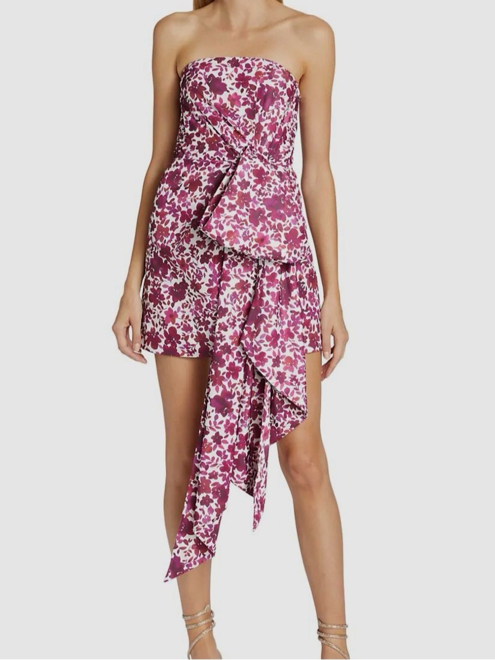 Amur Strapless Floral Asymmetric Ruffled Mini Dress - Pink